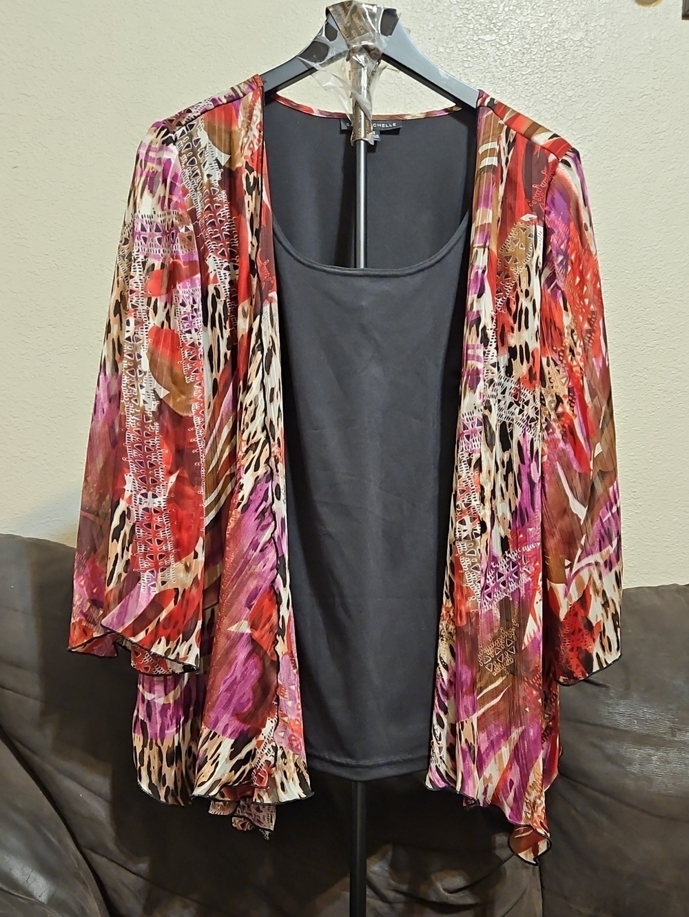 Sara Michelle Red Pink Brown Printed Open-Front Sheer Cardigan